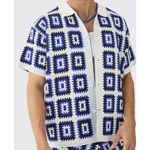 boohooMAN Oversized Boxy Crochet Knit Shirt Blue White Geometric Mens M
